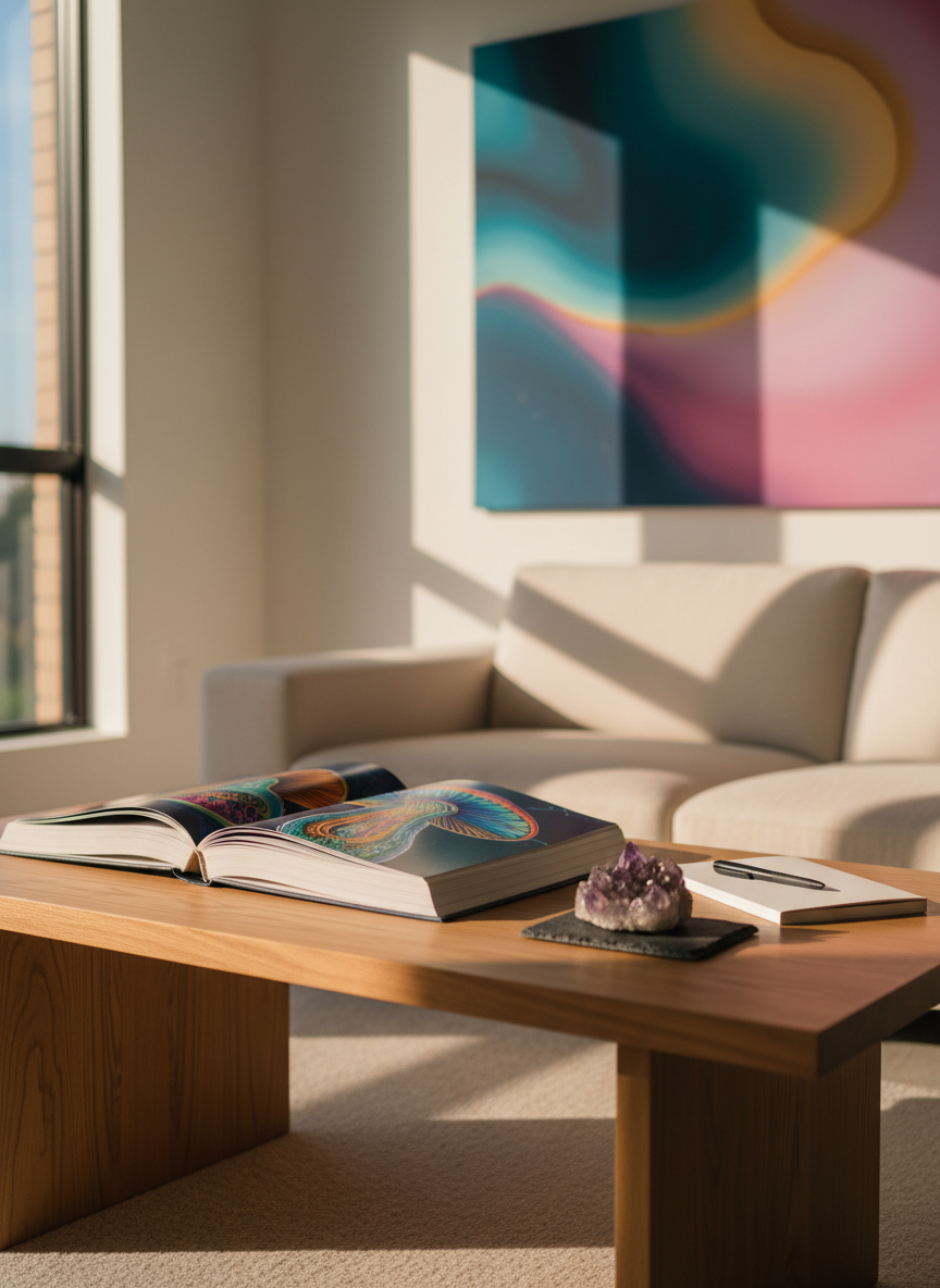 A serene, modern living-room style setting featuring a low, natural-wood coffee table topped with a single, striking psychedelic art book opened to a detailed, scientific-style illustration of a mushroom cross-section. Nearby, a small cluster of polished crystals in subdued amethyst and smoky quartz tones sits on a slate coaster, next to a minimalist white notebook and pen. Behind the table, an abstract wall print shows soft, flowing gradients of teal, magenta, and gold, evoking psychedelic visuals without being overwhelming. Warm, indirect golden-hour light enters from the side, casting long, soft-edged shadows. Captured at eye level with a shallow depth of field, the foreground elements are crisp while the background softly blurs, creating a grounded, professional, and welcoming mood in a clean, photographic realism style.