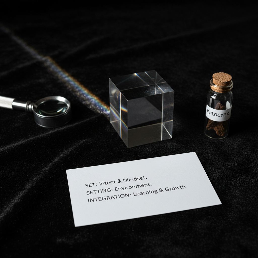 A dark, cinematic tabletop composition showcasing a black, velvety surface with a single, detailed glass prism at the center, splitting a thin beam of white light into a subtle, rainbow spectrum that spreads delicately across the frame. Surrounding the prism are neatly arranged scientific tools: a stainless-steel magnifying loupe, a small, labeled specimen vial containing a dried mushroom fragment, and a crisp white index card with typed notes about set, setting, and integration. The scene is lit by controlled, cool studio lighting from one side, creating dramatic contrast and gentle reflections on the glass and metal. Shot in photographic realism from a low, slightly angled perspective, the image feels serious, contemplative, and precise, hinting at the thoughtful study of psychedelic experiences.