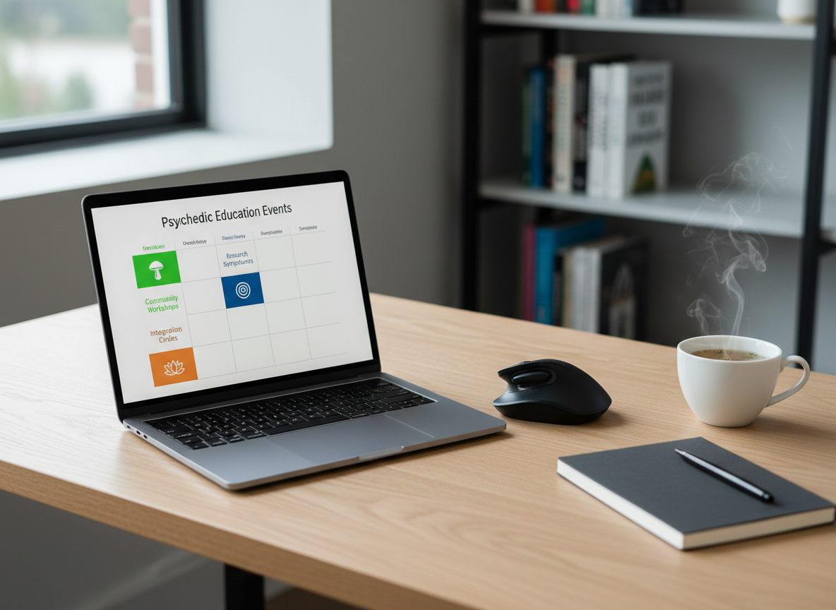 A clean, professional desktop scene featuring a slim, modern laptop displaying a calendar of psychedelic education events, with neatly color-coded entries and small, tasteful icons of mushrooms and geometric shapes. Beside the laptop rests a matte-black wireless mouse, a graphite-colored notebook with a metal spiral binding, and a ceramic cup of herbal tea emitting a faint curl of steam. The desk surface is pale oak with a smooth grain, and a subtle, out-of-focus background reveals a bookshelf lined with science and psychology titles. Cool, diffused daylight from a nearby window illuminates the setup, creating soft reflections on the laptop screen. Photographic realism, shot from a slightly elevated three-quarter angle with balanced composition, conveys organization, clarity, and a sense of community planning.
