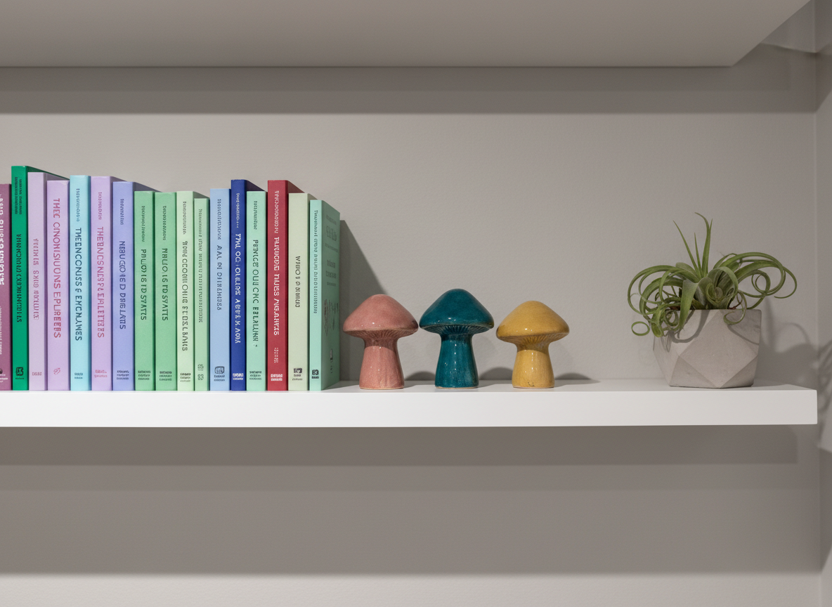 A close-up of a meticulously arranged display of psychedelic-related reading materials on a floating white shelf: a row of well-designed book spines about consciousness, neuroscience, and psychedelic therapy in harmonious pastel and jewel-tone colors. Interspersed between the books are small, sculptural ceramic objects resembling stylized mushrooms with matte finishes in dusty rose, deep teal, and soft mustard. A single, low-maintenance air plant rests in a geometric concrete holder. Soft, directional gallery-style lighting from above creates delicate shadows and highlights the textures without harshness. Captured in photographic realism from a straight-on perspective, the composition uses the rule of thirds, with crisp focus and a neutral, light-gray wall behind, conveying a curated, trustworthy, and intellectually grounded atmosphere.